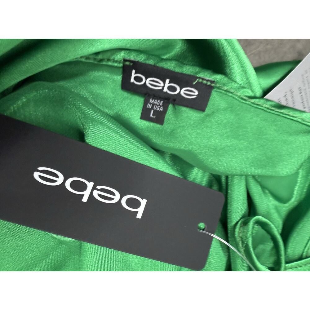 NWT bebe Green Satin Slip Dress Asymmetrical Hem Cowl Neck Maxi Large - Picture 6 of 6